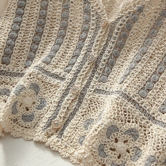 Floral Blouse crochet embroidery cropped French style knit chiffon puff cream - Picture 7 of 8